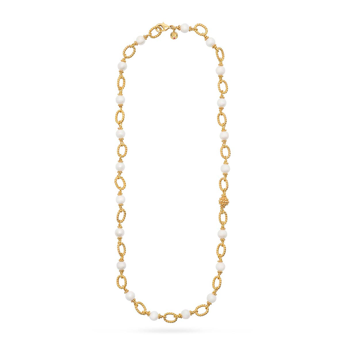 The Berry & Bead Chain by Juliska Capucine De Wulf features textured gold oval links and spaced white beads, ideal for layering. This elegant necklace is shown on a plain white background, evoking a timeless style.