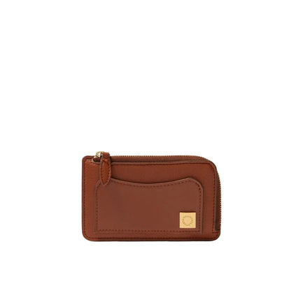 The Ryder Zipper Cardholder by Stella McCartney is a brown vegan cardholder with a zippered pocket, front card slot, and small gold square logo—crafted from an animal leather alternative.
