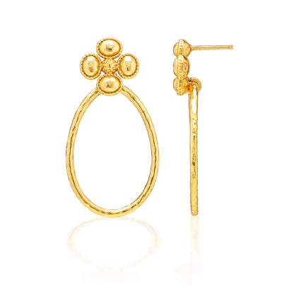 The Juliska Capucine De Wulf Berry Clover Teardrop Earrings feature textured gold oval hoops with a cluster of four rounded beads at the top, shown in front and side views.