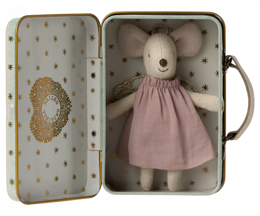 A Maileg Angel Mouse in Suitcase dressed in a pink dress inside a decorative, star-patterned metal suitcase, perfect for little ones.