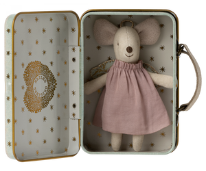 A Maileg Angel Mouse in Suitcase dressed in a pink dress inside a decorative, star-patterned metal suitcase, perfect for little ones.