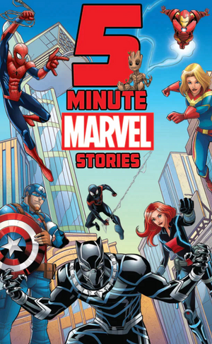 The cover of the "Yoto Card: 5 Minute Marvel Stories" from Yoto showcases Marvel superheroes like Spider-Man, Black Panther, and the Avengers set against a cityscape background.