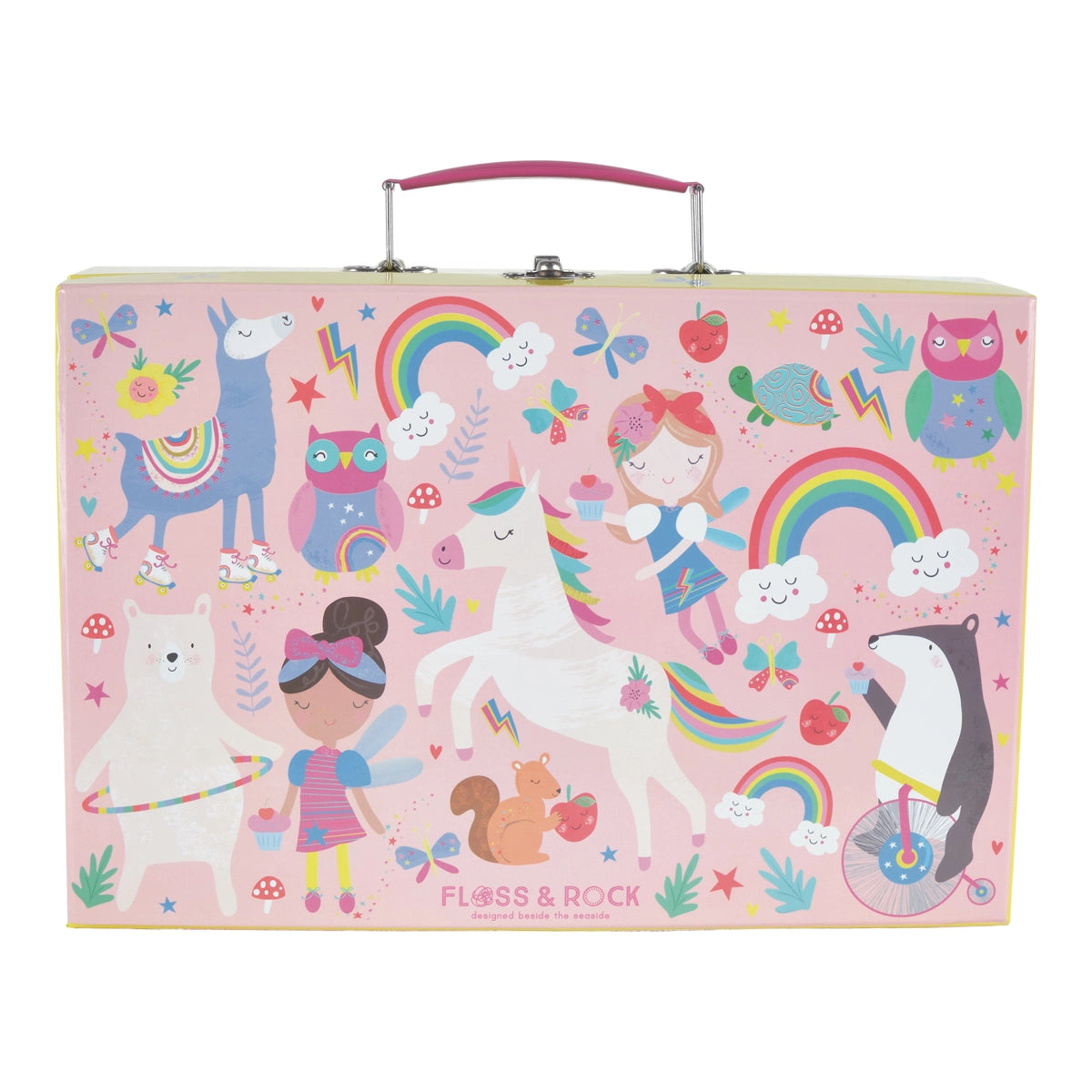 Floss and Rock Musical Kitchen Set 12 Piece - Rainbow Fairy features colorful illustrations of a unicorn, llama, penguin, bear, rainbows, stars, girl, owl, squirrel, mushrooms, clouds, cherries, and cupcakes—perfect for inspiring imaginative play and endless adventures.