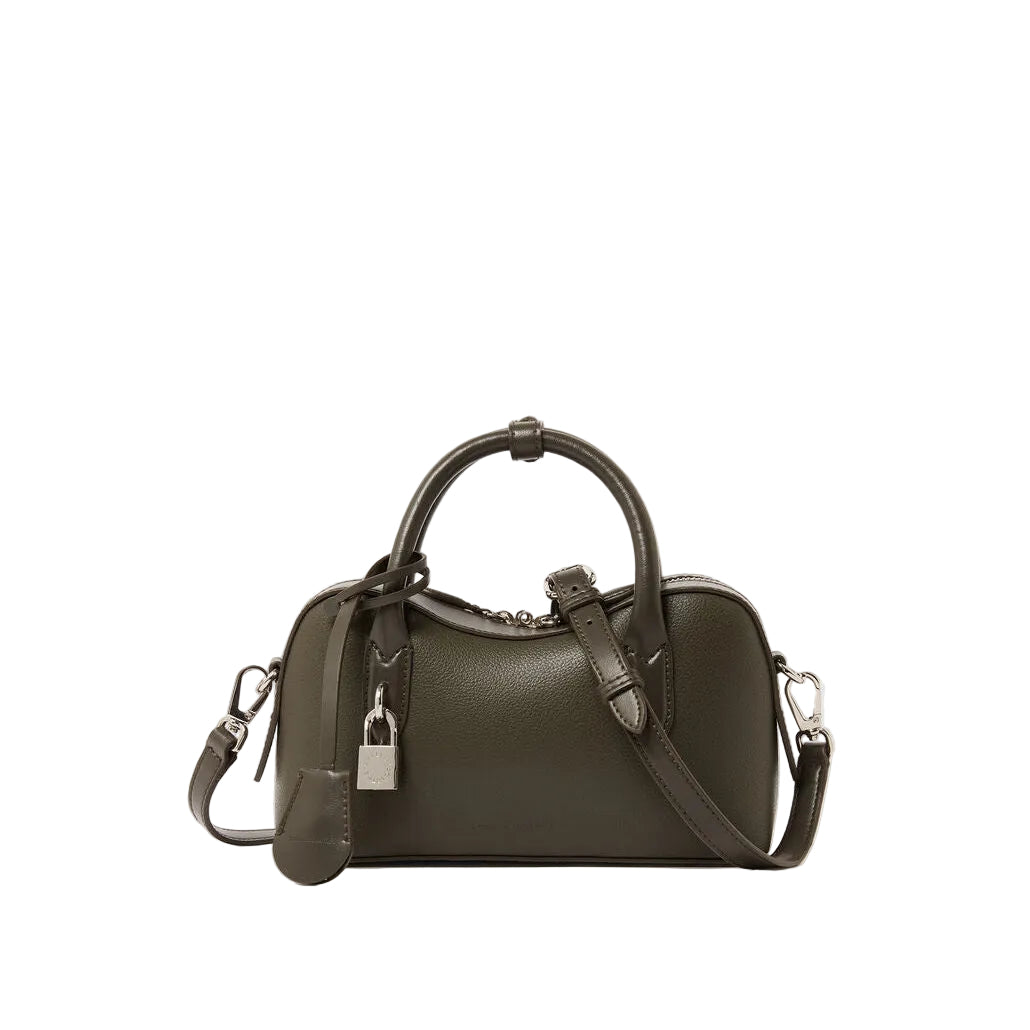 The Ryder Crossbody Bag by Stella McCartney is a small, dark green Italian handcrafted piece with top handles, a detachable shoulder strap, and a silver lock accent.