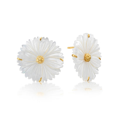 Mermaid Garden Blossom Stud Earrings by Juliska Capucine De Wulf feature gold-tone flower studs with white carved petals and gold center accents, shown against a white background.
