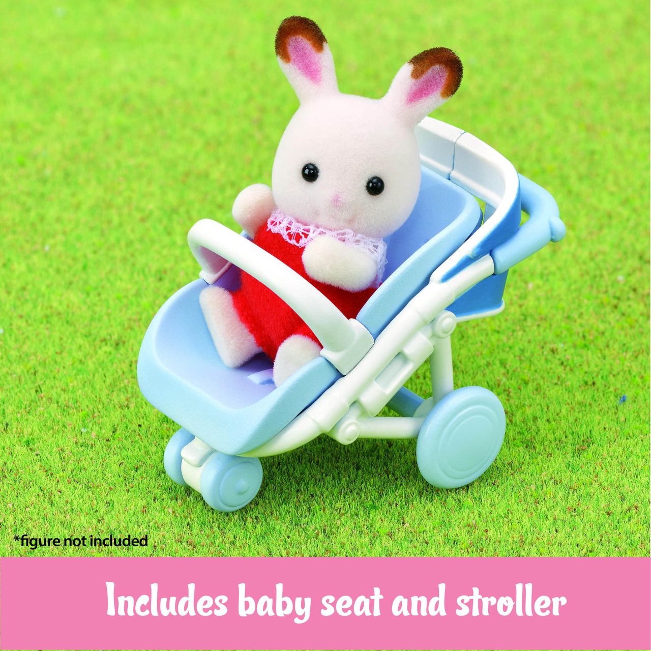 Calico Critters Family Cruising Car with a removable blue baby seat is parked on grass, ready to take your little plush bunny on fun journeys around Calico Village. Text reads: “Includes baby seat and car.” Fine print notes: “Figure not included.”.