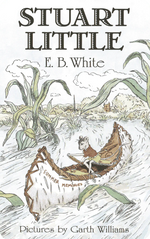 The cover of the "Yoto Card: Stuart Little" by E.B. White showcases the enchanting mouse paddling a canoe labeled "Summer Memories" through a river filled with lush, tall plants—an ideal story for your Yoto Player.