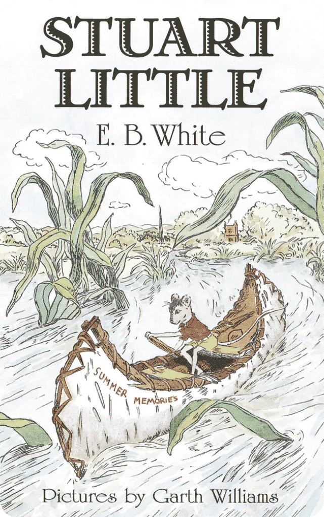 The cover of the "Yoto Card: Stuart Little" by E.B. White showcases the enchanting mouse paddling a canoe labeled "Summer Memories" through a river filled with lush, tall plants—an ideal story for your Yoto Player.