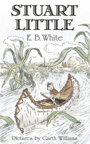 The cover of the "Yoto Card: Stuart Little" by E.B. White showcases the enchanting mouse paddling a canoe labeled "Summer Memories" through a river filled with lush, tall plants—an ideal story for your Yoto Player.