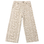 Rylee & Cru Girls’ Straight Leg Pant in a beige and light brown leopard print, featuring belt loops, a button closure, front pockets, and an elastic waistband for added comfort.