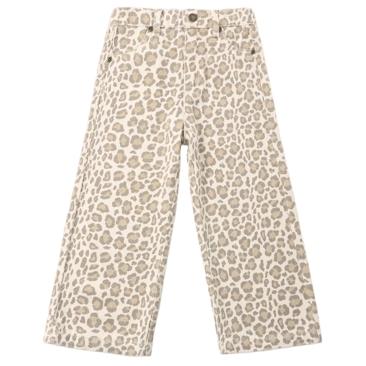 Rylee & Cru Girls’ Straight Leg Pant in a beige and light brown leopard print, featuring belt loops, a button closure, front pockets, and an elastic waistband for added comfort.