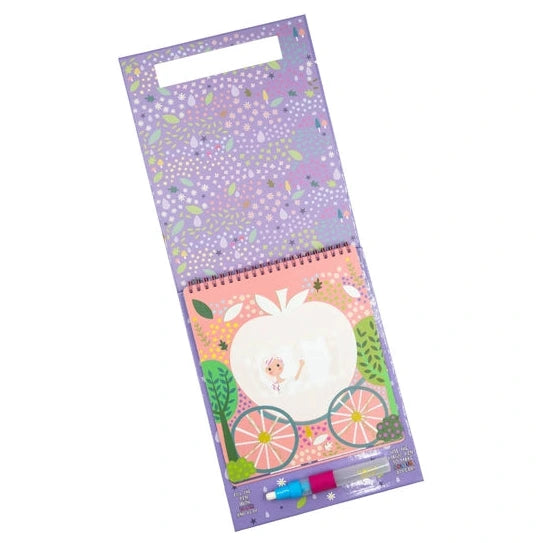 A purple floral Fairy Tale Easel Watercard and Pen by Floss and Rock features a spiral-bound booklet with a princess in a pumpkin carriage illustration and an attached water pen below, offering reusable, mess-free coloring fun every time.