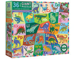 Eeboo’s Alphabet of Dinosaurs 36 Piece Giant Puzzle features each letter with a unique illustrated dinosaur on a vibrant background—perfect for young paleontologists.