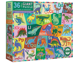 Eeboo’s Alphabet of Dinosaurs 36 Piece Giant Puzzle features each letter with a unique illustrated dinosaur on a vibrant background—perfect for young paleontologists.