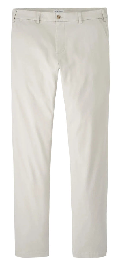 The Peter Millar Signature Sateen Flat Front Trouser is a light beige, straight-leg style made from cotton-stretch fabric with belt loops, side pockets, and button closure.
