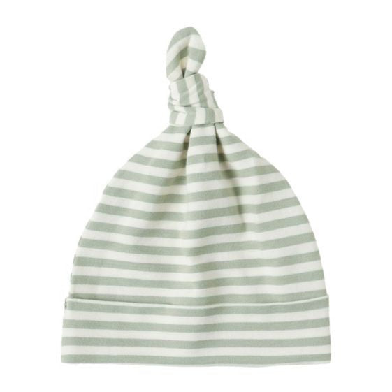 The Quincy Mae Knotted Baby Hat features soft brushed jersey in light green and white stripes, a single top knot, and is shown against a plain white background.