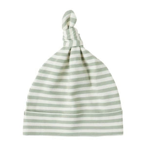 The Quincy Mae Knotted Baby Hat features soft brushed jersey in light green and white stripes, a single top knot, and is shown against a plain white background.