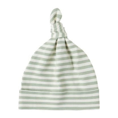The Quincy Mae Knotted Baby Hat features soft brushed jersey in light green and white stripes, a single top knot, and is shown against a plain white background.