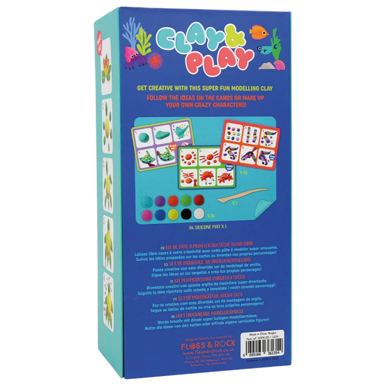Back of a Floss and Rock "Clay & Play - Ocean" kit box features sea creature models, vibrant clay colors, tools, and multilingual product info on a blue background—perfect for inspiring creativity with air dry clay.