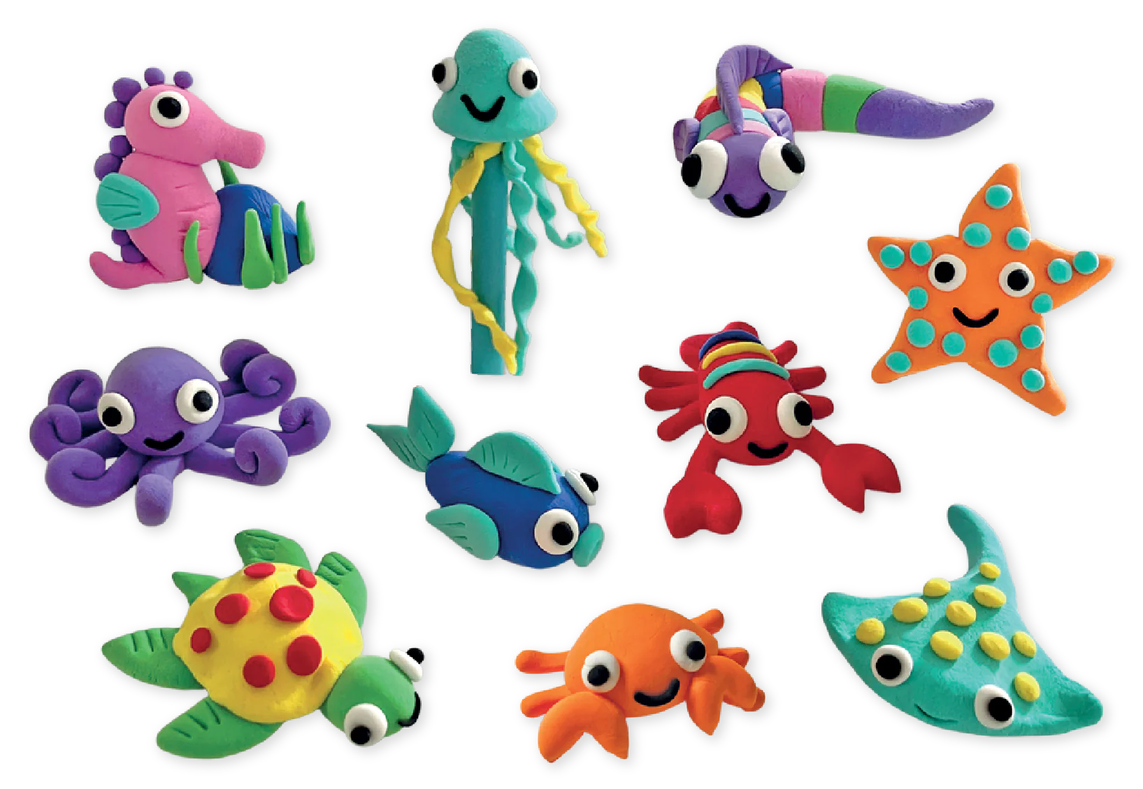 Floss and Rock’s Clay & Play - Ocean includes 10 colorful sea creatures to mold from air dry clay—seahorse, jellyfish, fish, crab (x2), starfish, octopus, eel, turtle, and stingray—all with big cartoon eyes.