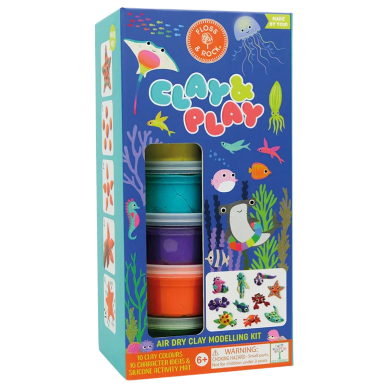 Floss and Rock’s Clay & Play - Ocean kit includes 10 vibrant clay colors in containers, with underwater theme illustrations and example sea creature models shown on the packaging.