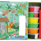 The Floss and Rock Clay & Play - Jungle art kit features a playful jungle-themed box with animal illustrations, six air dry clay containers, and a red sculpting tool.