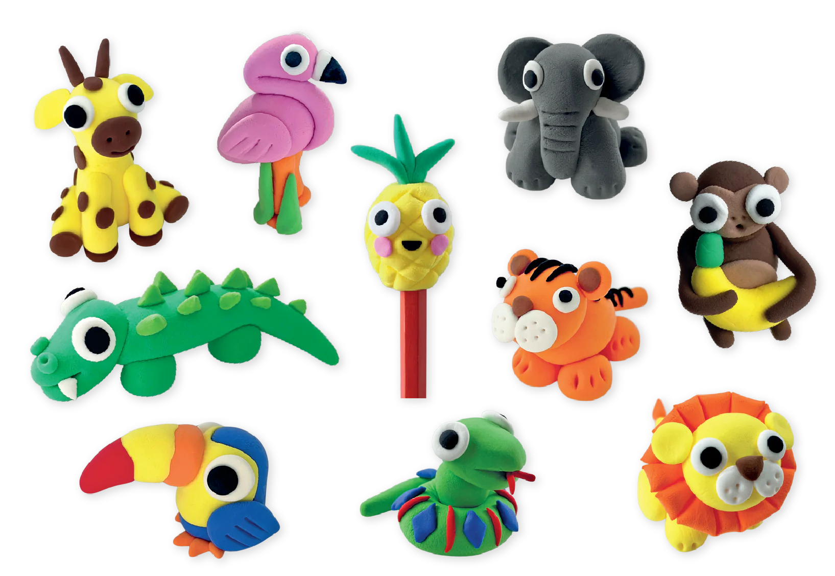 Floss and Rock’s Clay & Play - Jungle includes ten colorful, cartoon-style animal and fruit figures—giraffe, flamingo, elephant, monkey, crocodile, pineapple, tiger, toucan, snake, and fish—made from air dry clay.