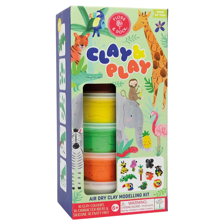 Floss and Rock’s Clay & Play - Jungle modelling kit features 10 colored clay tubs, vibrant jungle animal illustrations, and a clear window displaying the clay containers inside.