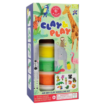 Floss and Rock’s Clay & Play - Jungle modelling kit features 10 colored clay tubs, vibrant jungle animal illustrations, and a clear window displaying the clay containers inside.