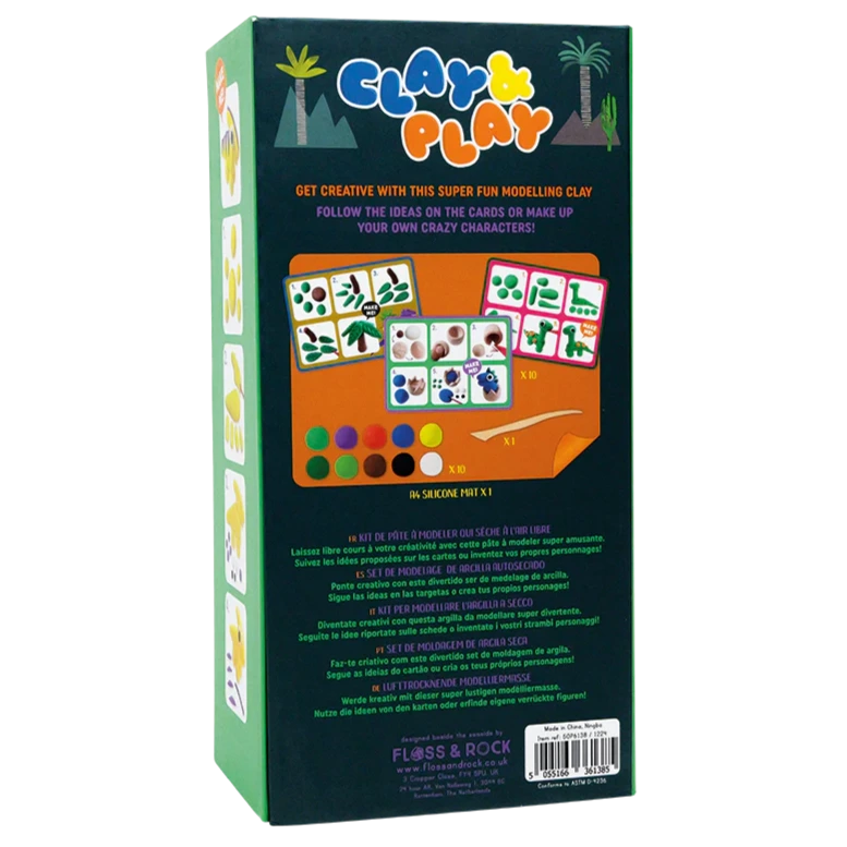 Back of the Floss and Rock "Clay & Play - Dinosaur" kit box, showing illustrated instructions, dinosaur designs, color options, and product details in several languages. Easy-to-use air dry clay inspires creativity.