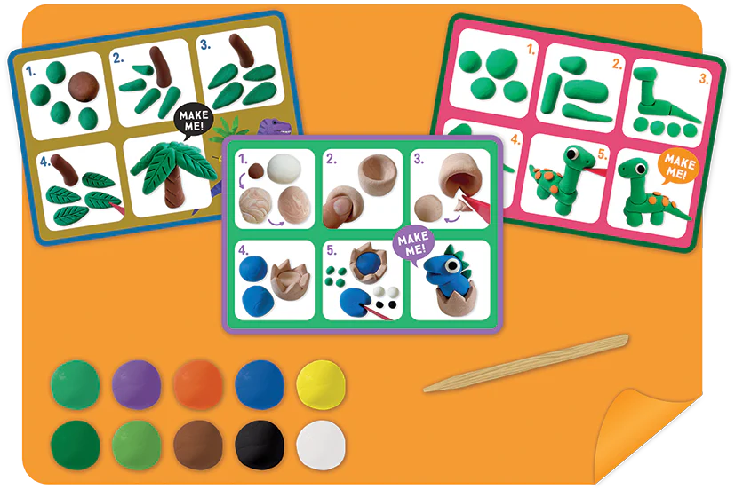 Floss and Rock's Clay & Play - Dinosaur includes colorful air dry clay, a wooden sculpting tool, and instruction cards with step-by-step guides to create animals, shapes, or your own dinosaur—perfect for inspiring creativity.