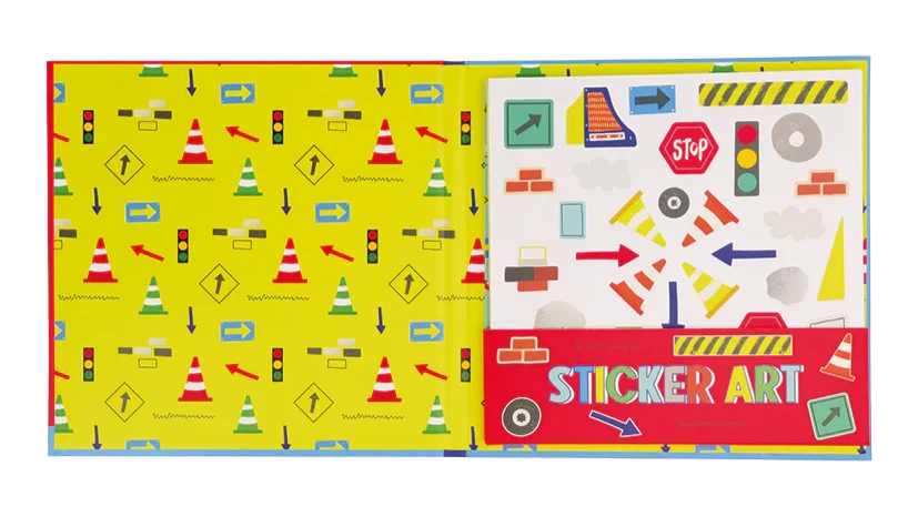 An open book by Floss and Rock, "Magnetic Sticker Art - Construction," displays a yellow page with traffic signs, cones, and an easy peel sticker sheet labeled "Sticker Art.