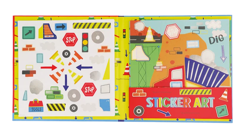 The Floss and Rock Magnetic Sticker Art - Construction set displays a left page with easy peel magnetic construction-themed stickers and a right page featuring a vibrant "Sticker Art" construction scene.