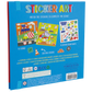 Back cover of Floss and Rock’s Magnetic Sticker Art - Construction kit, featuring three sample scenes, easy-peel magnetic stickers on sheets, and product info—all set against a vibrant blue background.