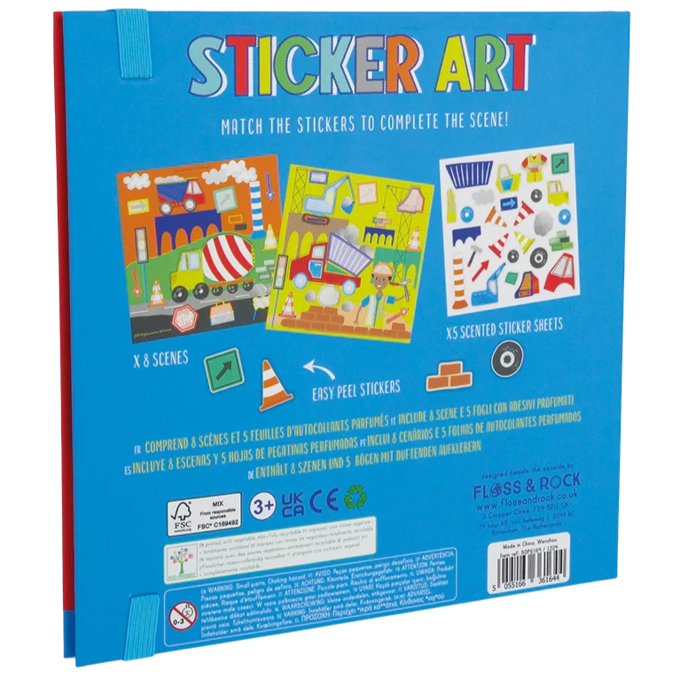 Back cover of Floss and Rock’s Magnetic Sticker Art - Construction kit, featuring three sample scenes, easy-peel magnetic stickers on sheets, and product info—all set against a vibrant blue background.