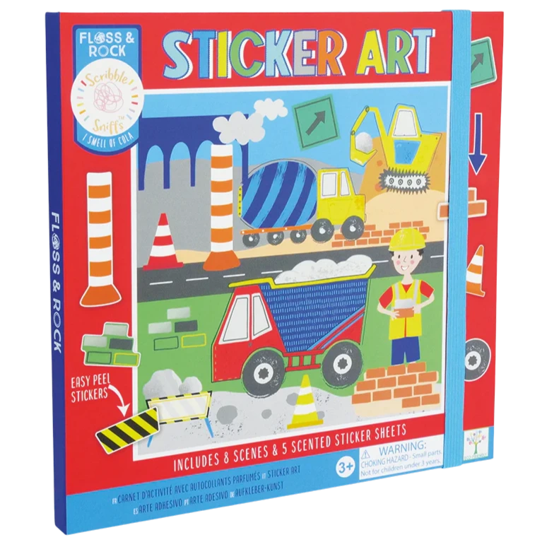 The Floss and Rock Magnetic Sticker Art - Construction set features trucks, cones, and a worker, with 8 scenes and 8 scratch-and-sniff sticker sheets. Perfect for ages 3+.