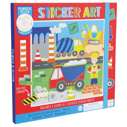 The Floss and Rock Magnetic Sticker Art - Construction set features trucks, cones, and a worker, with 8 scenes and 8 scratch-and-sniff sticker sheets. Perfect for ages 3+.