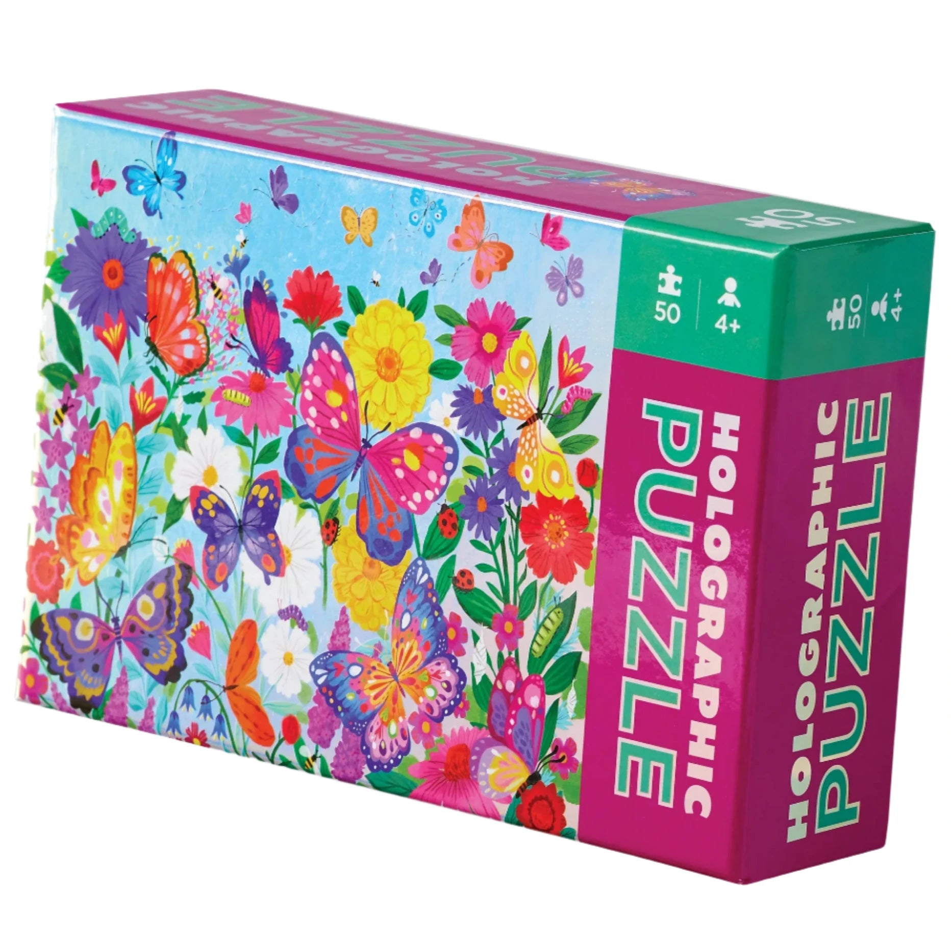 Explore Crocodile Creek's Butterflies 50-Piece Holographic Puzzle, featuring a dazzling butterfly garden with shimmering flowers and butterflies. Perfect for ages 4+, this puzzle enhances skills while engaging young minds.