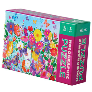 Explore Crocodile Creek's Butterflies 50-Piece Holographic Puzzle, featuring a dazzling butterfly garden with shimmering flowers and butterflies. Perfect for ages 4+, this puzzle enhances skills while engaging young minds.