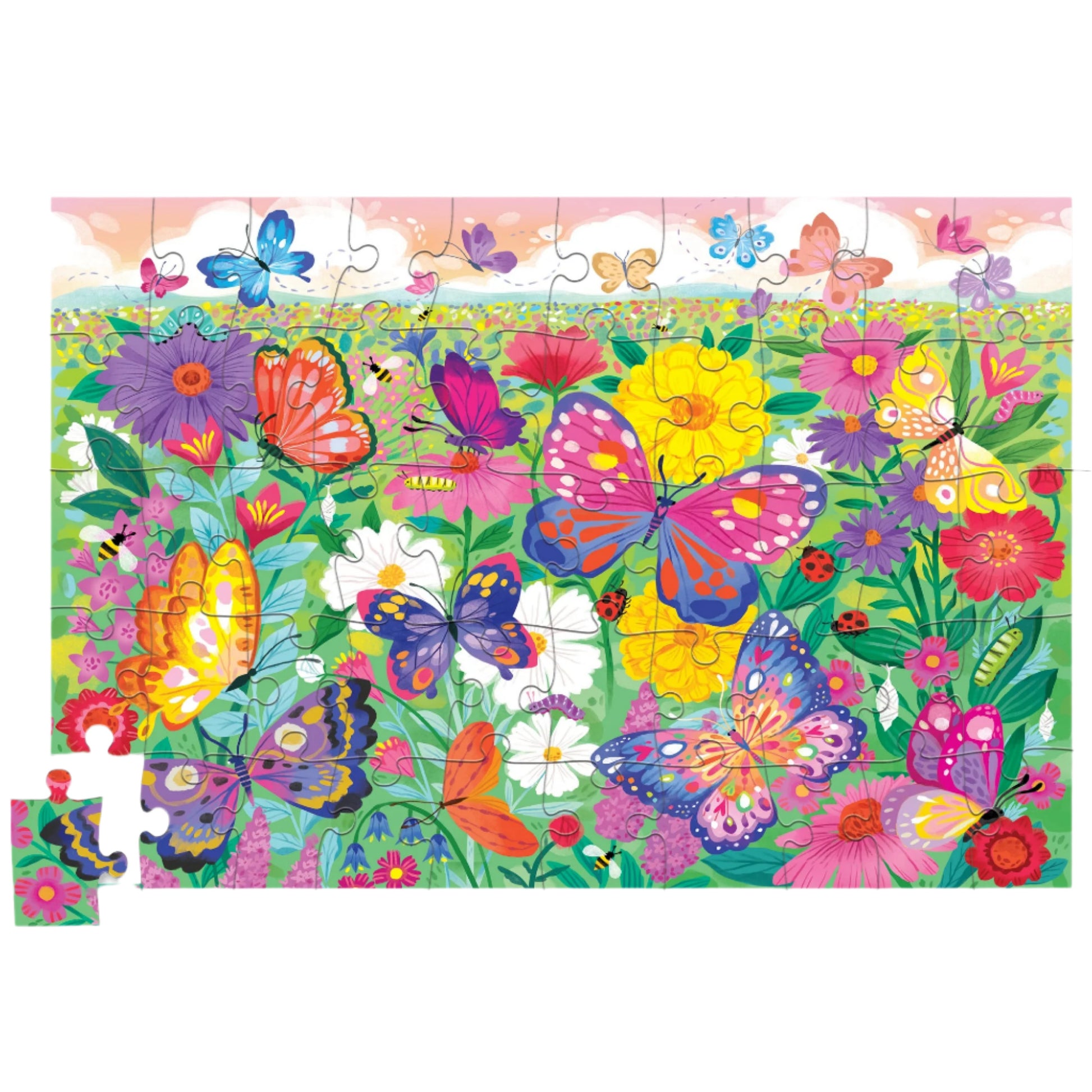 The Butterflies 50-Piece Holographic Puzzle by Crocodile Creek features a vibrant butterfly garden with diverse flowers. With a missing piece in the bottom left corner, it adds an extra challenge to enhance your puzzle-solving skills.