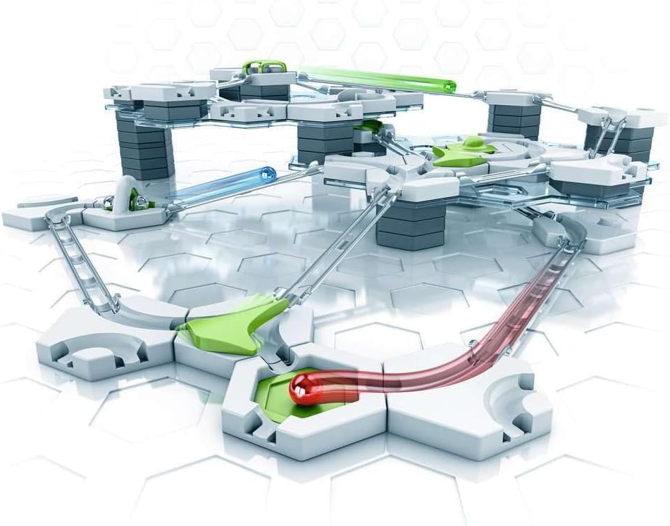 The GraviTrax: Starter Set by GraviTrax features elevated tracks, plastic pillars, and marbles on a white hexagonal base—an ideal STEM educational toy.