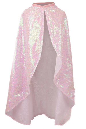 The Great Pretenders Pink Sequins Twirl Cape features iridescent light pink sequins and a soft lining, making it a perfect children’s costume accessory. Shown on a plain white background.
