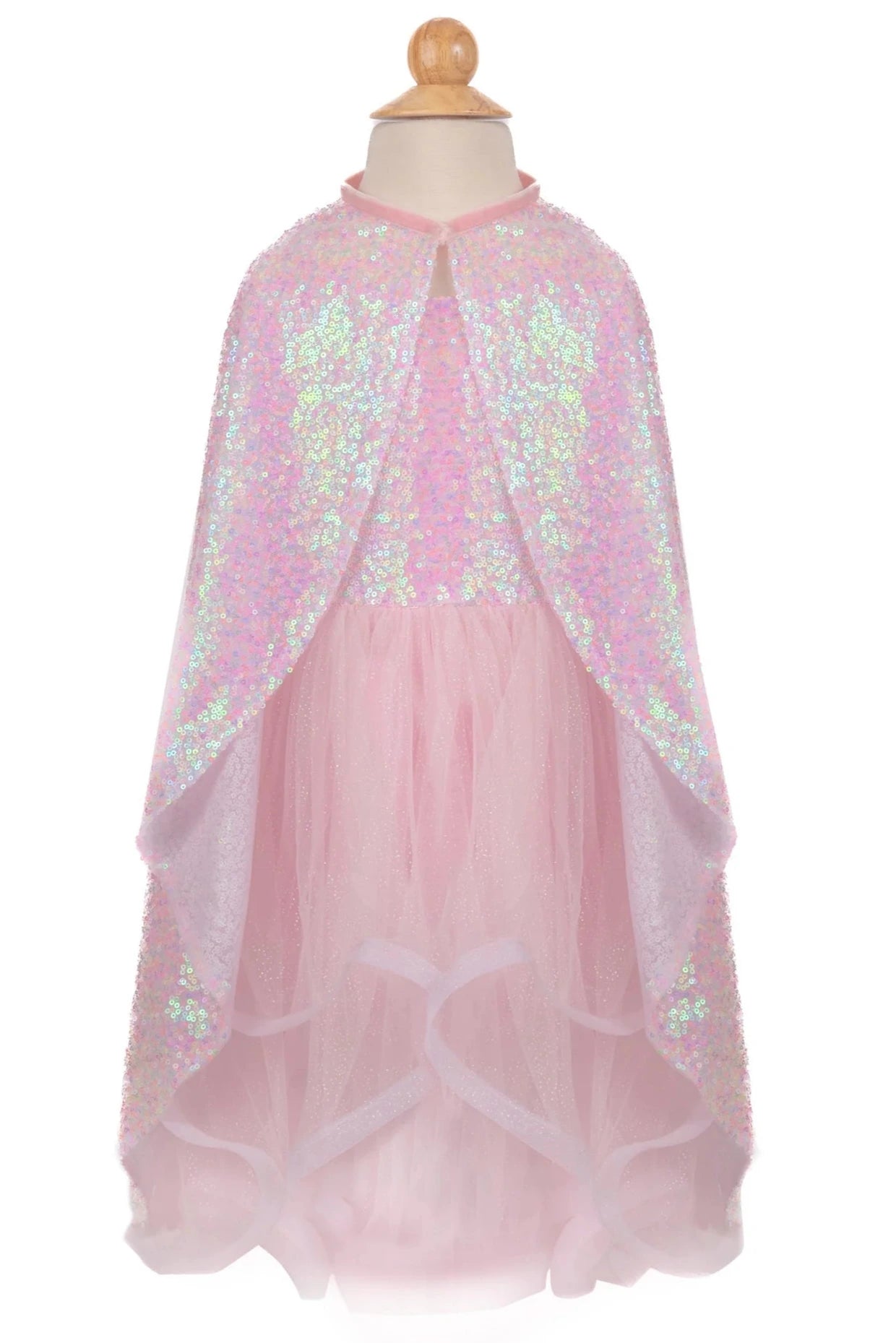 The Great Pretenders Pink Sequins Twirl Cape is a child-size sparkly accessory with iridescent sequins—perfect for endless twirling fun and imaginative dress-up. Displayed on a mannequin as the ultimate costume addition.