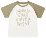 The Rylee & Cru Baby Boys’ and Boys’ Raglan Short Sleeve Tee features khaki raglan sleeves and a white cotton jersey body, with “ADVENTURE ENTHUSIAST” displayed in bold handwritten-style lettering on the front.
