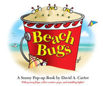 The "Beach Bugs" pop-up children's book by Simon & Schuster features a cover with a red bucket of cartoon bugs on sand, described as part of the Bugs series and perfect for summer reading.