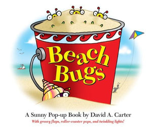 The "Beach Bugs" pop-up children's book by Simon & Schuster features a cover with a red bucket of cartoon bugs on sand, described as part of the Bugs series and perfect for summer reading.