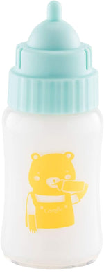 The Corolle Magic Milk Baby Doll Bottle for 14-17" dolls features a blue cap, yellow bear illustration, and white liquid—an ideal accessory for baby doll collections.