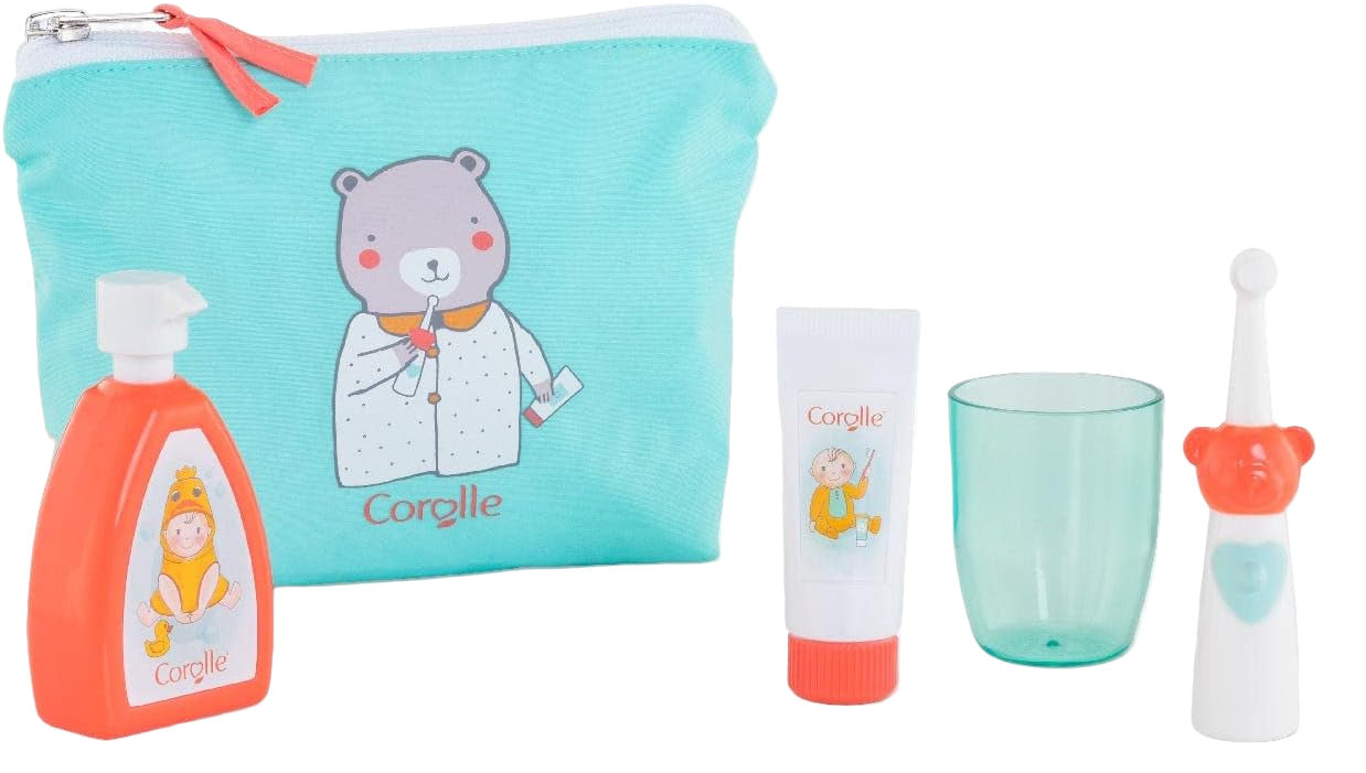 The Corolle Baby Doll Pouch & Accessories set includes a blue bear pouch and play bottle, tube, cup, and toy electric toothbrush—ideal as doll accessories for 14- to 17-inch dolls and perfect for baby care pretend play.