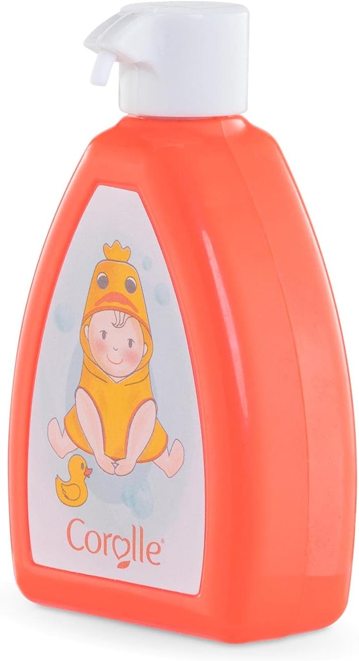 A charming Corolle Baby Doll Pouch & Accessories set in an orange bottle with a white pump, featuring a baby in a yellow duck costume—ideal for baby care or accessorizing your 14- to 17-inch doll.