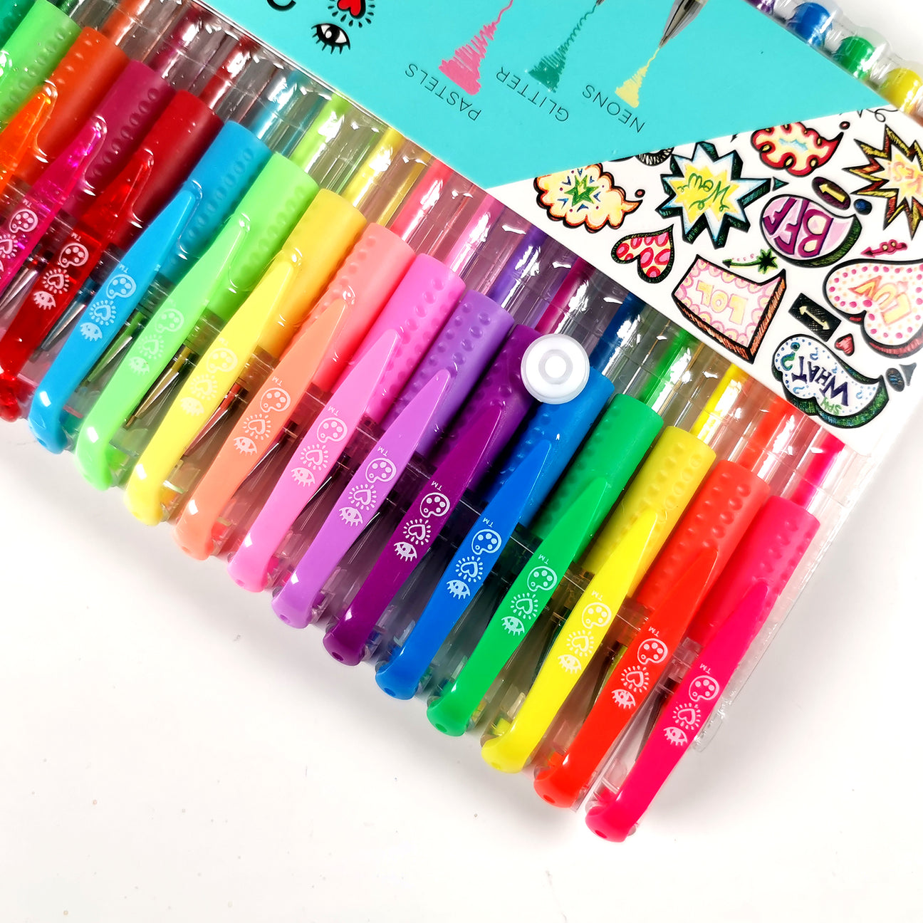 A pack of Bright Stripes gel pens with stickers, perfect for creating smooth continuous lines.